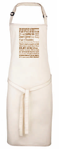 Heavy natural cotton full length apron, printed with Yorkshire Dialect phrases.