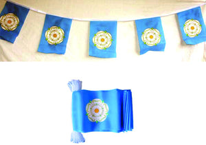 Polyester bunting . 10 flags. Each flag 6 x 4".. Each flag printed with the Yorkshire Rose