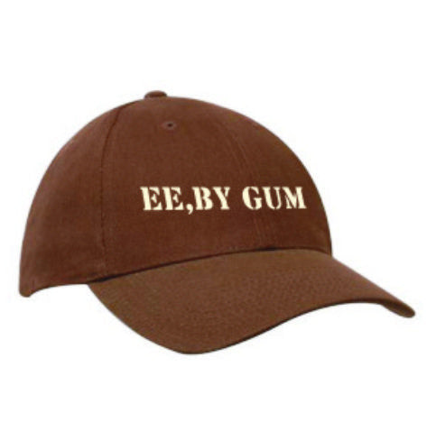 Brown heavy cotton baseball cap, embroidered in cream thread 