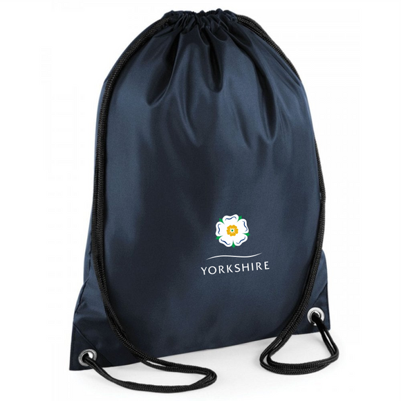 Navy blue thick polyester drawstring backpack, printed with the Yorkshire Rose.