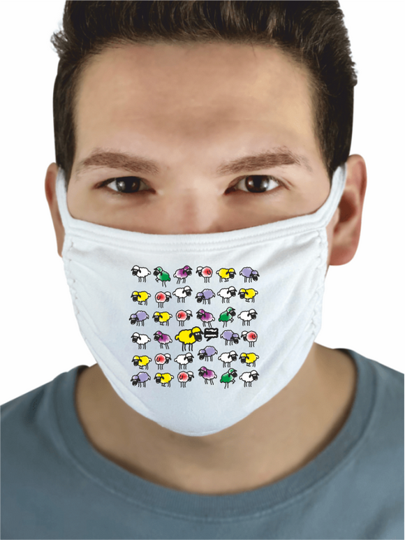 White 3-ply cotton face mask, featuring a Yorkshire sheep design