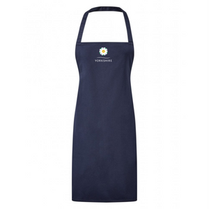 Full length navy blue apron, printed with Yorkshire Rose logo.