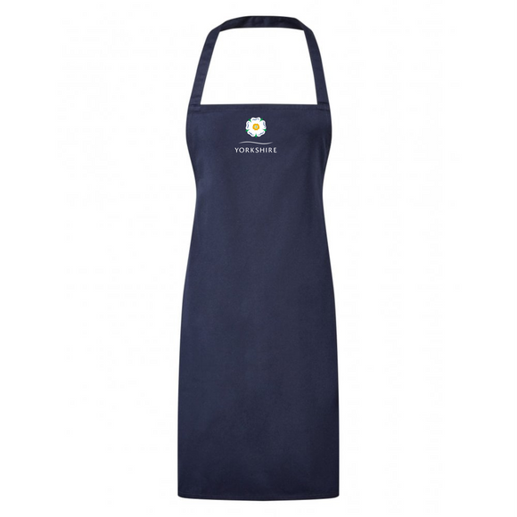 Full length navy blue apron, printed with Yorkshire Rose logo.
