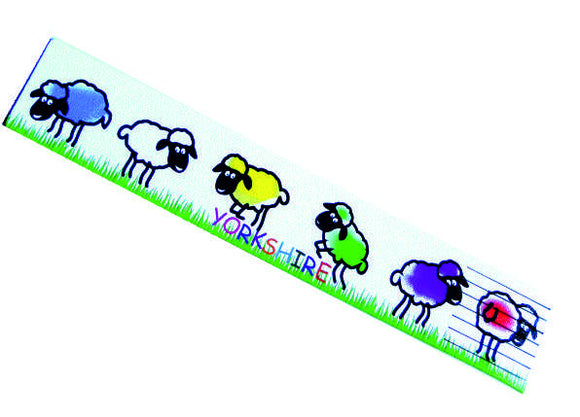 White recycled leather bookmark, printed in full colour with a Yorkshire Sheep design