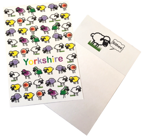 A6 Notepad, with a front cover printed with a colourful Yorkshire sheep design.