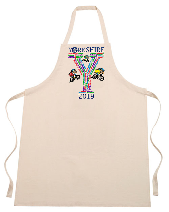 Natural cotton full length apron, printed with detials of the villages and towns the Tour Yorkshire passed through in 2019