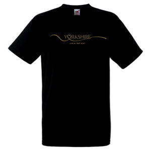 Black cotton t/shirt, featuring a shiny gold print across the front ""Yorskhire Love at First Sight"