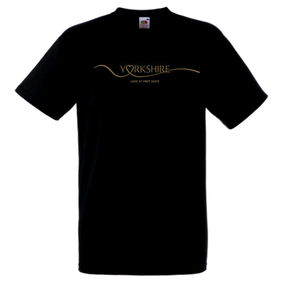 Black cotton t/shirt, featuring a shiny gold print across the front 