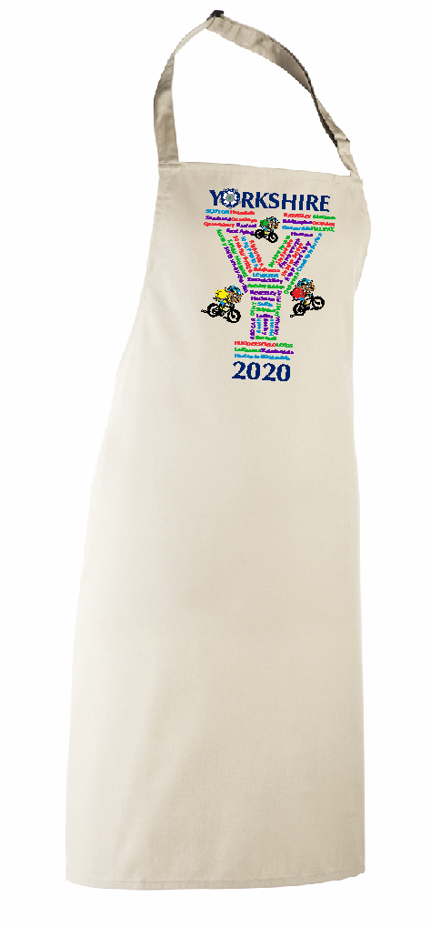 Collectors item. Natural Cotton Full Length Apron. Features the towns and villages the Yorkshire Tour would have passed through in 2020 if it hadn't been cancelled