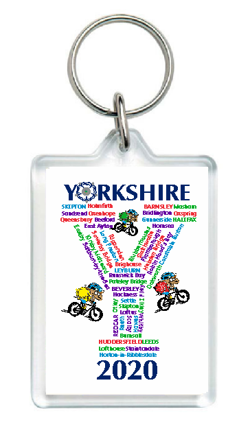 Collectors item. Clear large acrylic keyring, printed on both sides. Features the towns and villages the Yorkshire Tour would have passed through in 2020 if it hadn't been cancelled