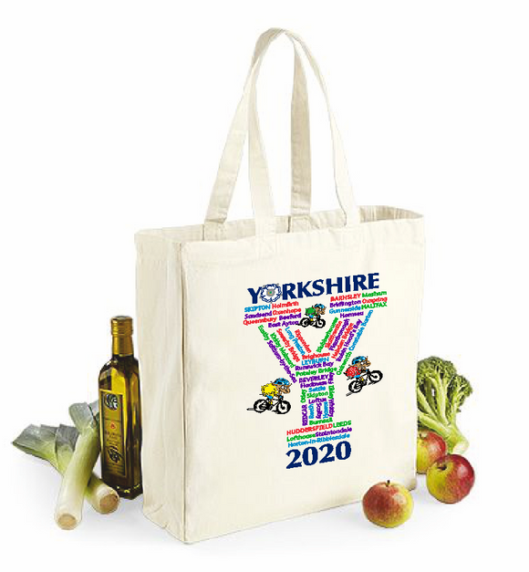 Collectors item. Natural Cotton Shopper with gusset. Features the towns and villages the Yorkshire Tour would have passed through in 2020 if it hadn't been cancelled