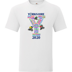 Collectors item.  White Cotton t/shirt printed with the villages and towns the Yorkshire Tour would have passed through in 2020 if it hadn't been cancelled
