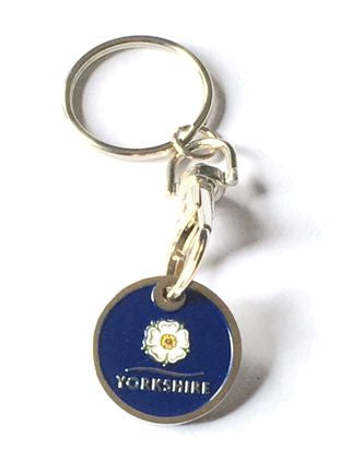 Trolley coin keyring with an enamelled finish featuring the Yorkshire Rose