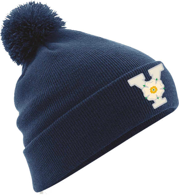 Navy blue acrylic bobble cap, embroidered with a Y design featuring the Yorkshire Rose