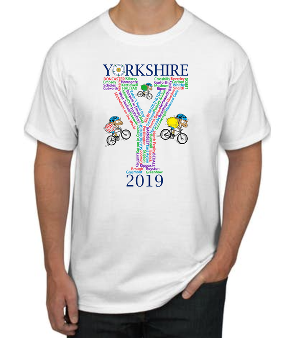 Tour Yorkshire White cotton t/shirt, printed with the towns and villages the Tour passed through in 2019