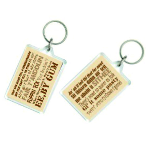 Clear acrylic large keyring, featuring different Yorkshire Dialect phrases on each side