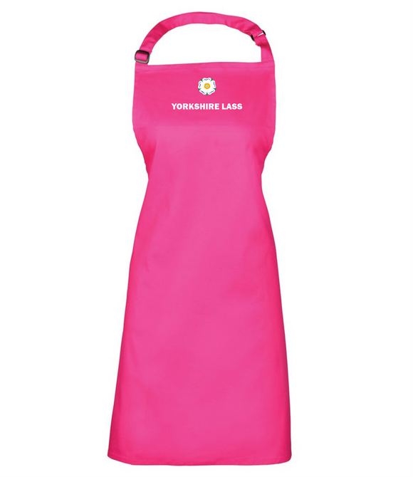 New! Pink Full Length Apron, printed with the White Rose and YORKSHIRE LASS